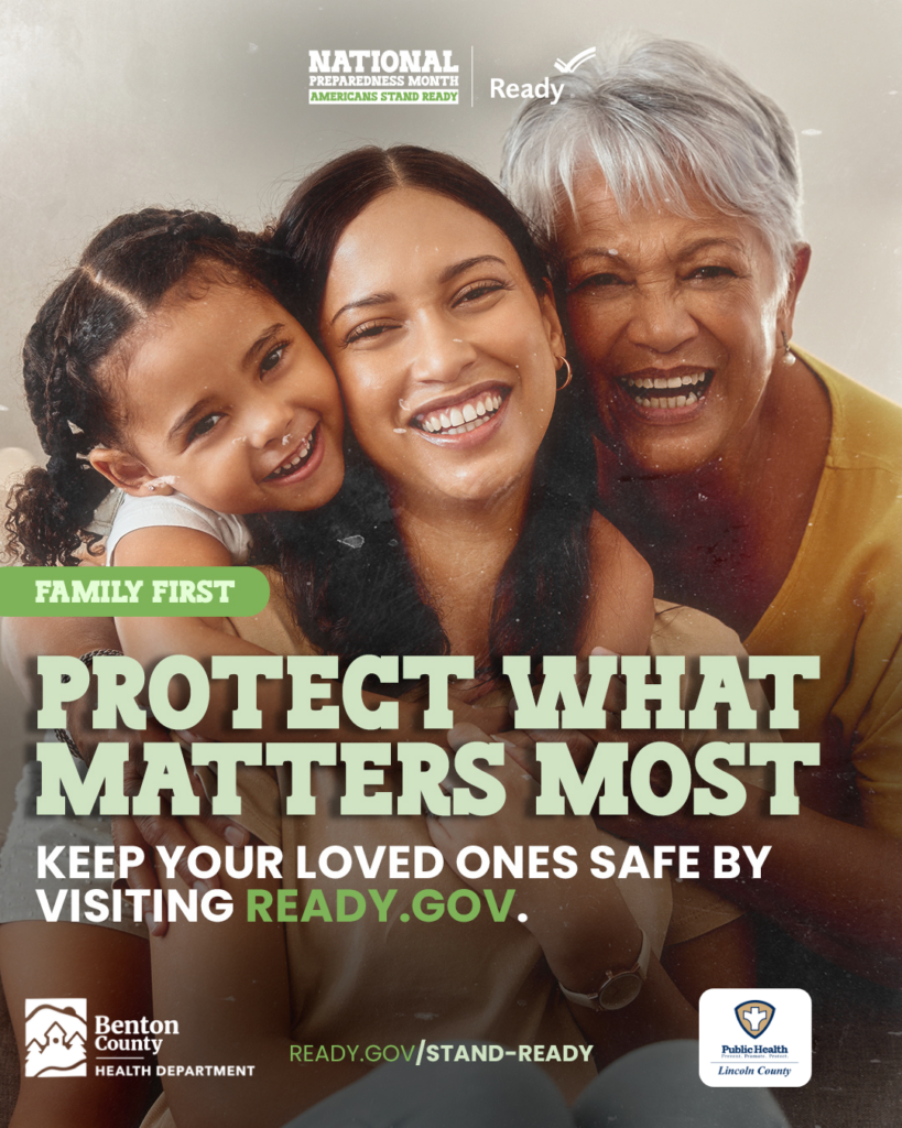 Three generations of women smiling together, promoting family safety during National Preparedness Month.
