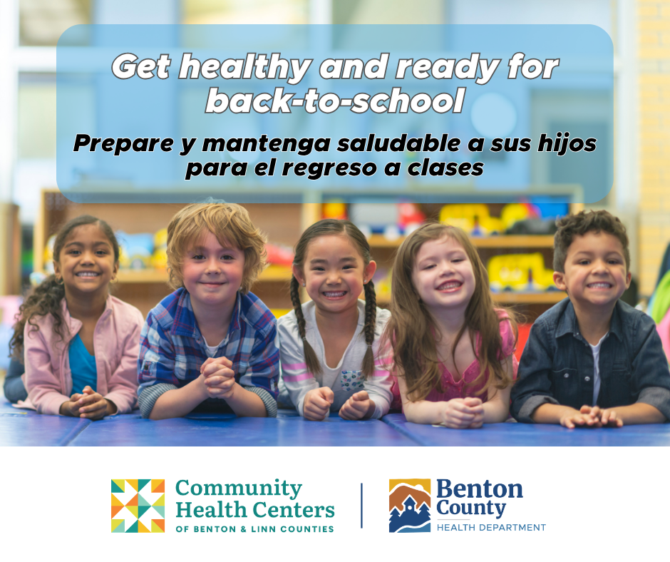 Five smiling children with their hands folded together on top of a blue desk in a classroom promoting a message about getting healthy and ready for back to school from Benton County Health Services.