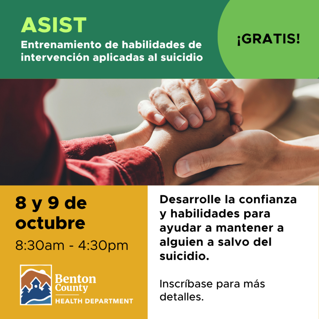 Two pairs of hands holding each other promoting Benton County Health Department's Applied Suicide Intervention Skills Training on October 8-9.