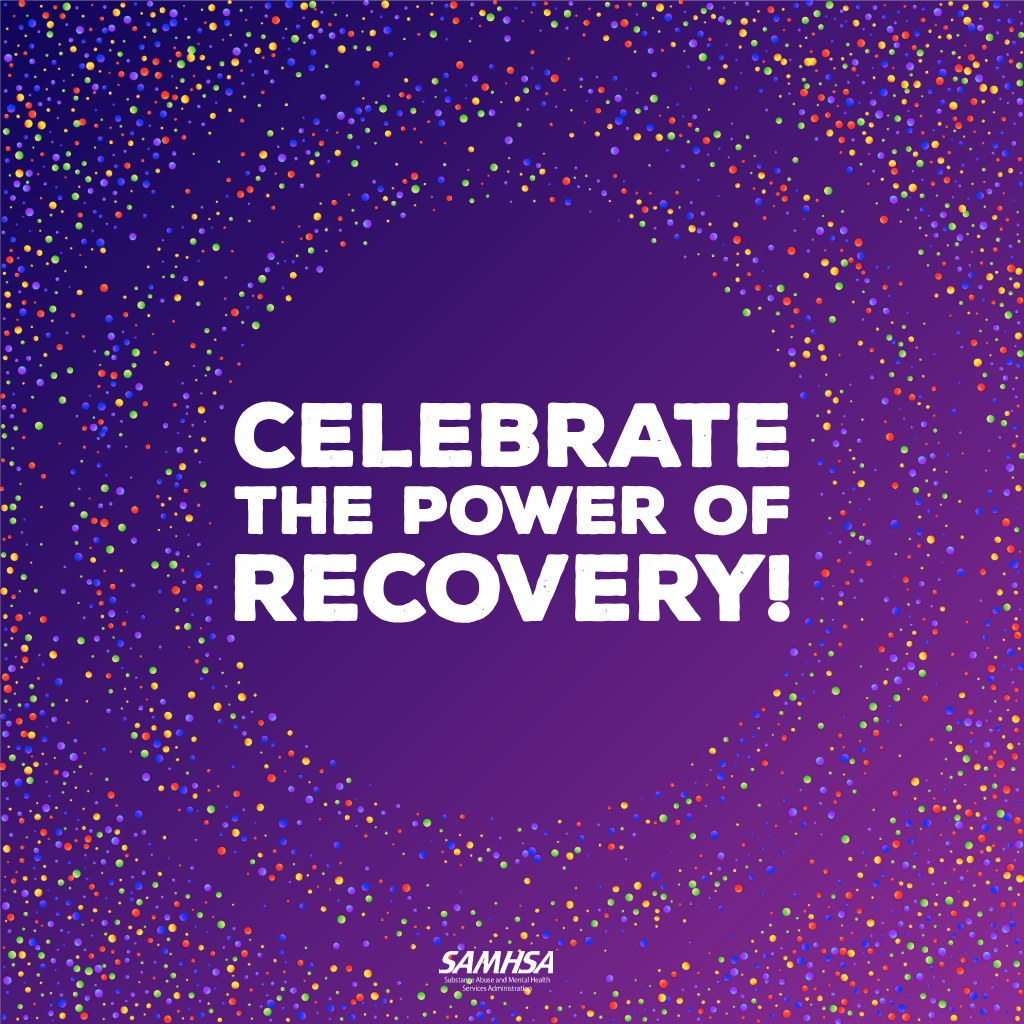 A purple gradient background with rainbow-colored confetti promoting the celebration of the power of recovery