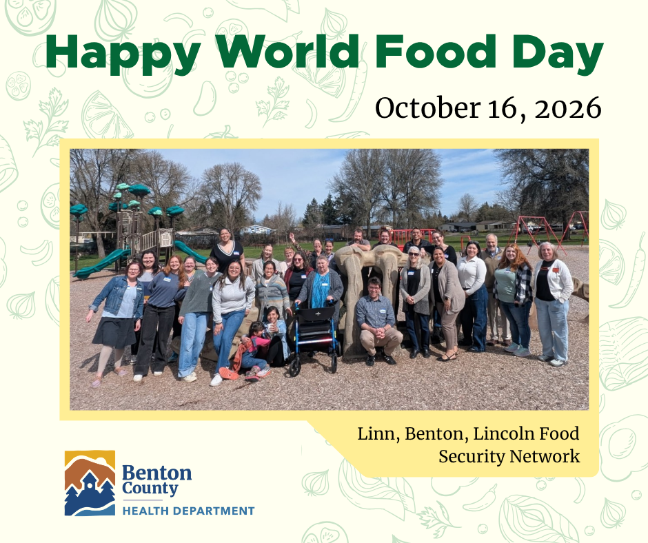 Group photo of diverse people gathered outdoors at a playground celebrating World Food Day on October 16, 2026.