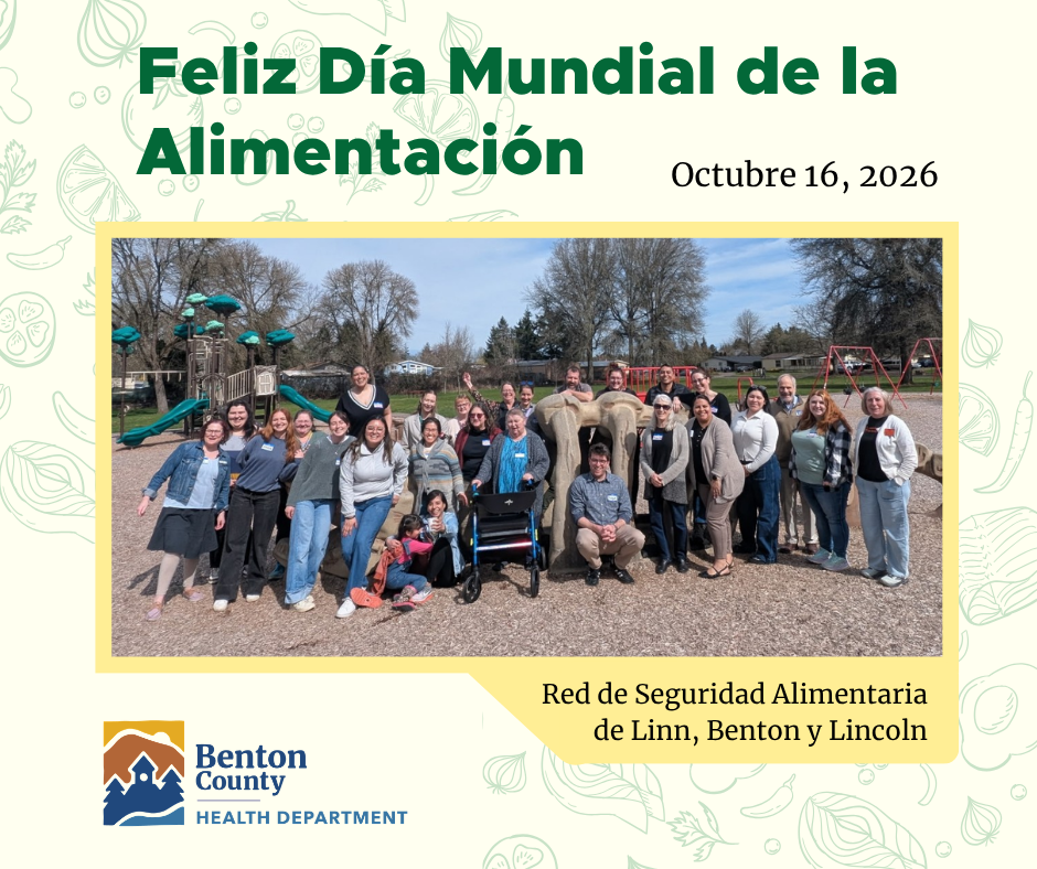 Foto de un grupo diverso de personas reunidas al aire libre en un parque infantil, celebrando el Día Mundial de la Alimentación el 16 de octubre de 2026.