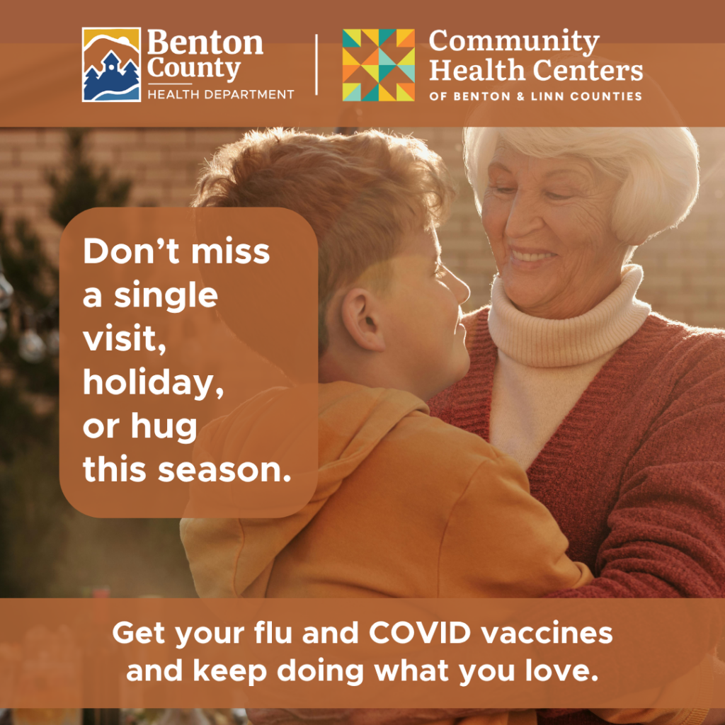 Older woman hugging a child, with a message of don’t miss a single visit, holiday, or hug this season, encouraging flu and COVID vaccination.