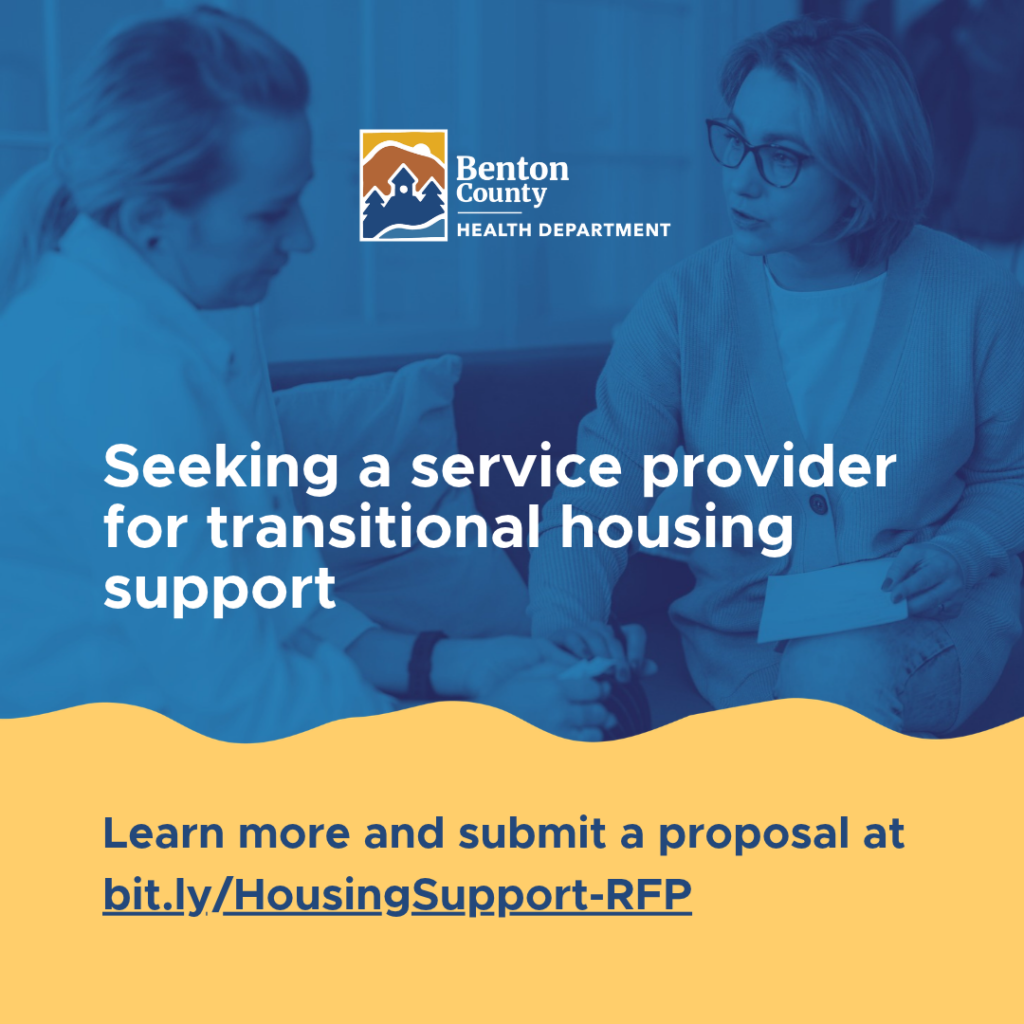 Two women engaged in a serious conversation advertising that Benton County Health Department is seeking a service provider for transitional housing support.