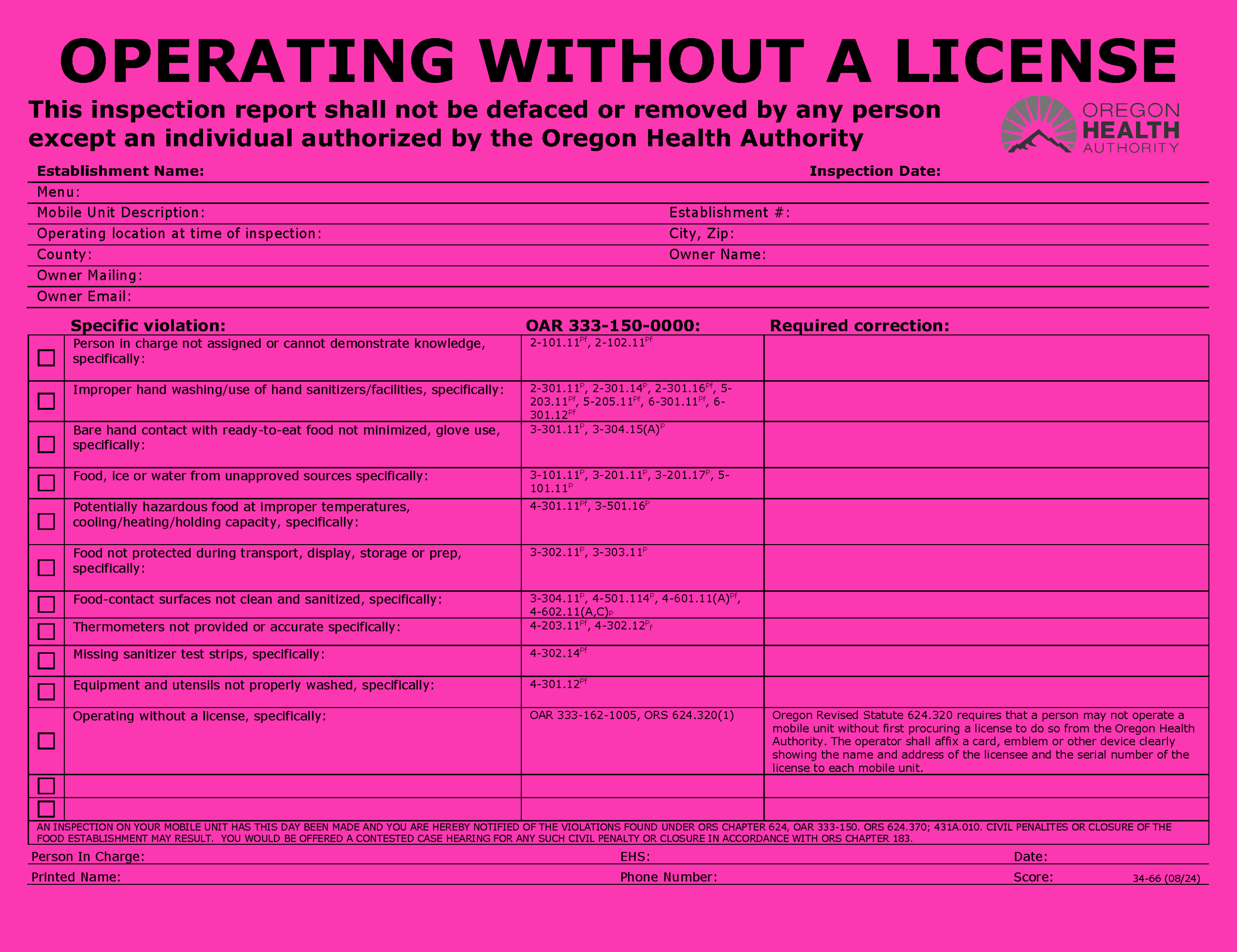 Oregon Health Authority's "OPERATING WITHOUT A LICENSE" neon pink warning sticker