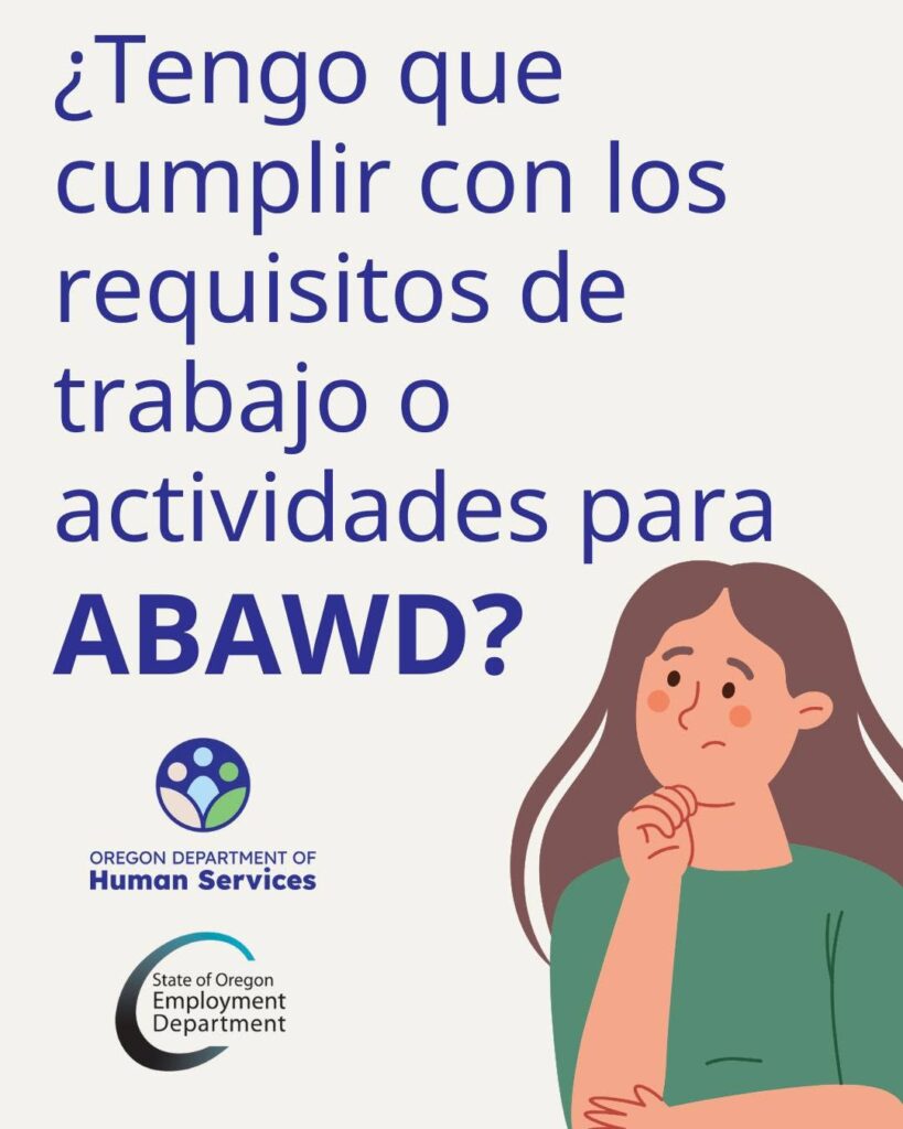 Gráfico con el texto ¿Tengo que cumplir con los requisitos de trabajo o actividades para ABAWD? y una ilustración de una persona reflexionando, además de los logotipos de dos agencias de Oregón.