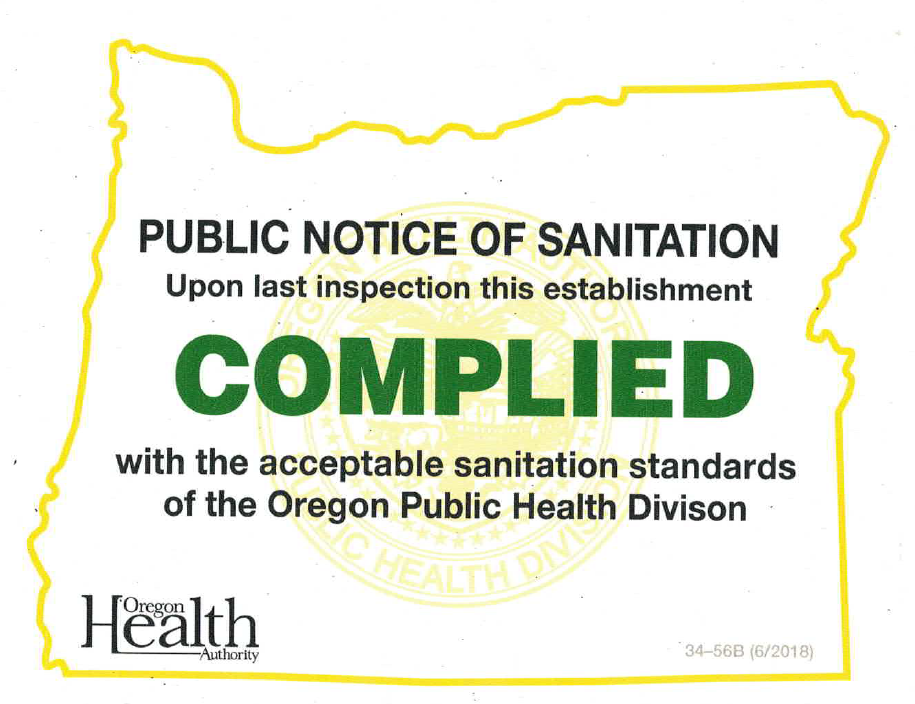 Oregon Health Authority notice that a restaurant has passed a sanitation inspection.