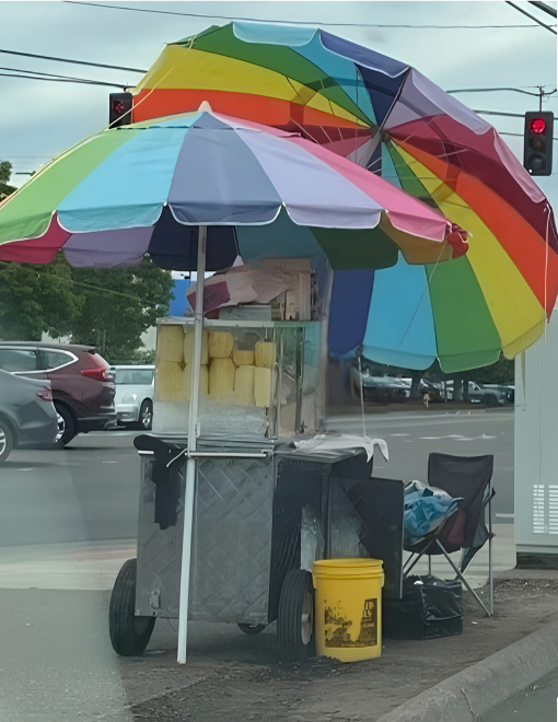 A cart selling cut fruit on the sidewalk at a busy intersection, with two rainbow umbrellas overhead, a camp chair set up beside it, and a yellow bucket propping open a back door of the cart.